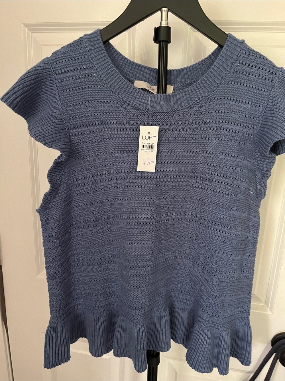 LOFT Dusty Blue Eyelet Knit Ruffle-Hem Top - L